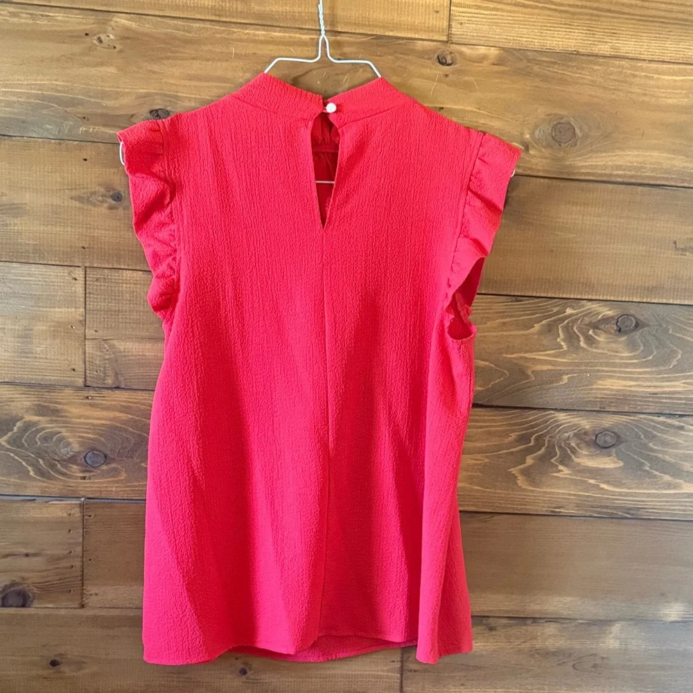 Zenana Outfitters Textured Ruffle Neck Blouse in Coral Red - Picture 3 of 3